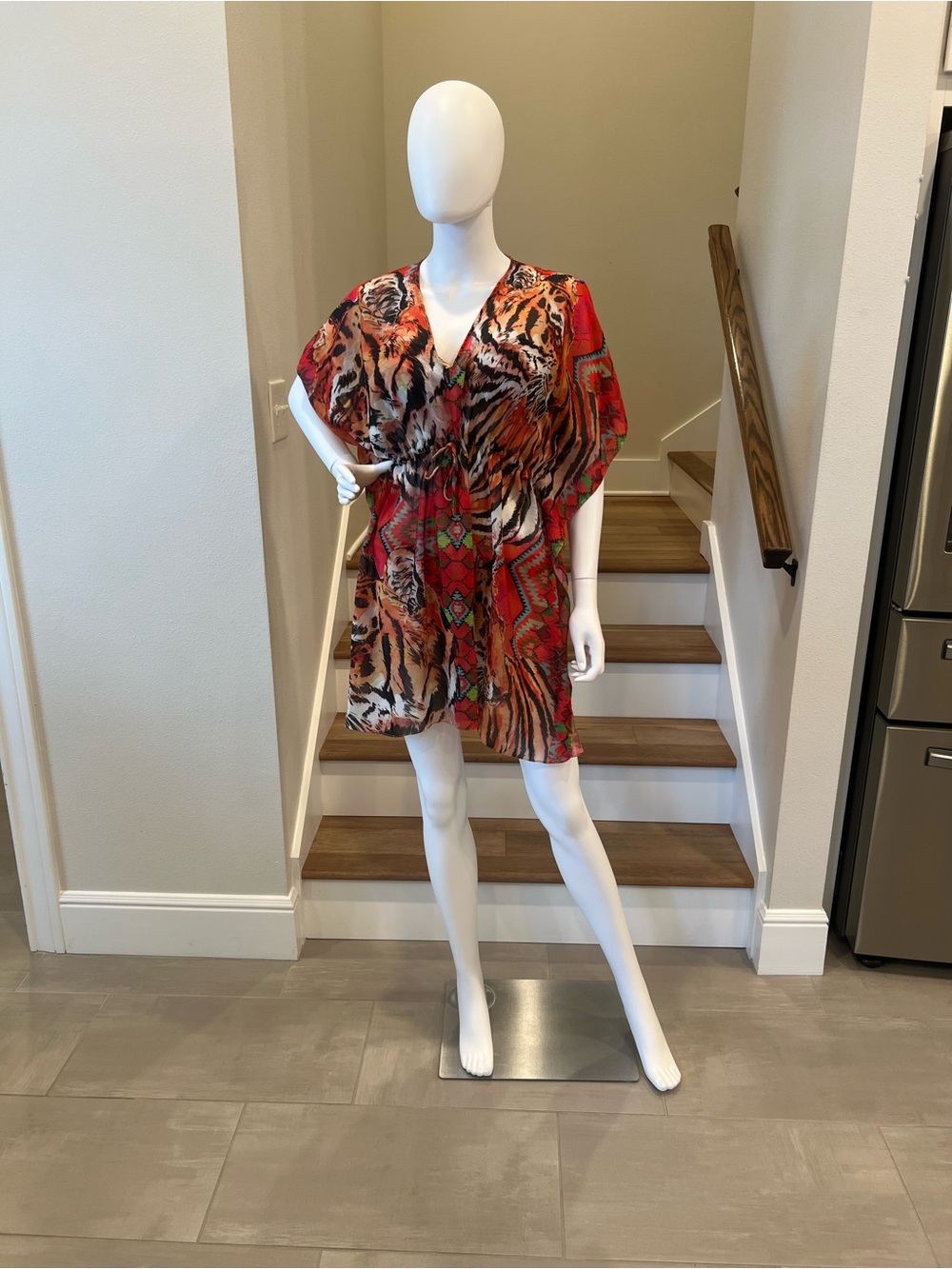 Vibrant Red Animal Print V-Neck Tunic Dress Cover up and Bikini set
